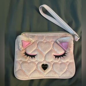 Betsey Johnson baby pink velour quilted kitty cat wristlet! Excellent condition